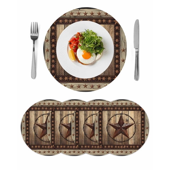 Western Farmhouse Round Placemats Set of 4 for Dinning Tables,Heat-proof Braided Table Mats 15 Inch,Primitive Rustic Country Retro Texas Star Washable Place Mat for Kitchen Restaurant Party Table