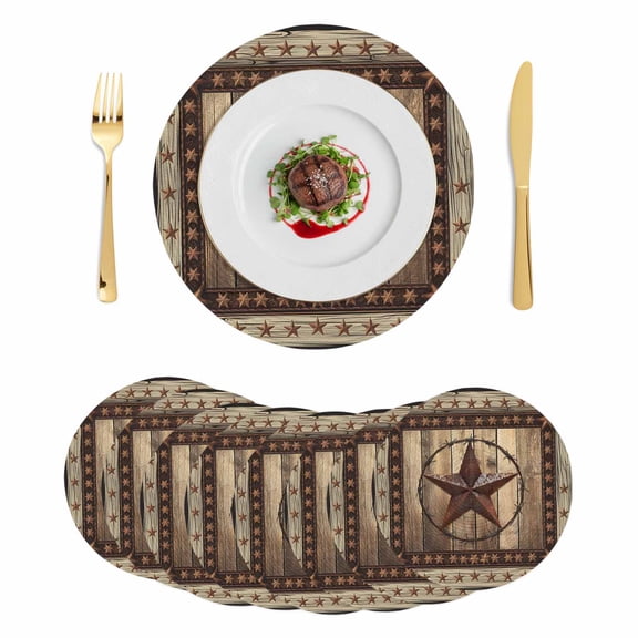 Western Farmhouse Round Placemats Set of 8,Braided Polypropylene Place Mats,Primitive Rustic Country Retro Texas Star Table Mats for Kitchen Dinner Holiday Wedding Party Coffee Table Decor 15"