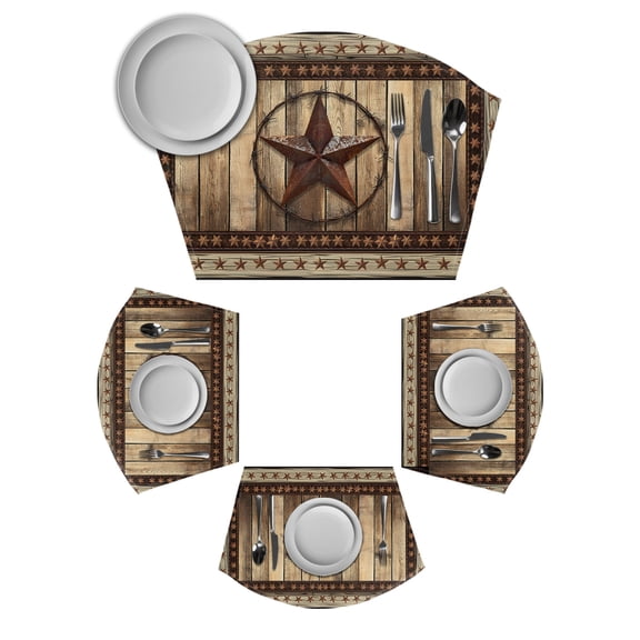 Western Farmhouse Round Table Placemats Set of 2 Wedge Placemats, Primitive Rustic Country Retro Texas Star Place Mats for Dining Table Set Washable Mats Kitchen Decor for Indoor Outdoor Wipe Clean