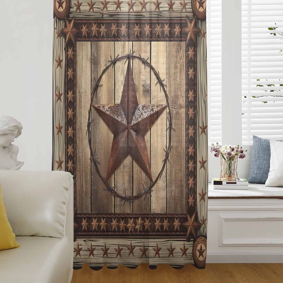 Western Farmhouse Semi Sheer Curtains Drapes for Living Room,Bedroom,French Doors Window 45 Inches Long,Primitive Rustic Country Retro Texas Star Rod Pocket Chiffon Curtain Voile Drapery Panel