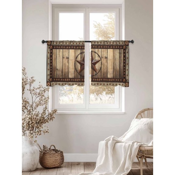Western Farmhouse Sheer Curtains 54Inches Long 2 Panels, Semi Sheer Rod Pocket Window Curtains Light Filtering Drapes Primitive Rustic Country Retro Texas Star for Living Room Bedroom