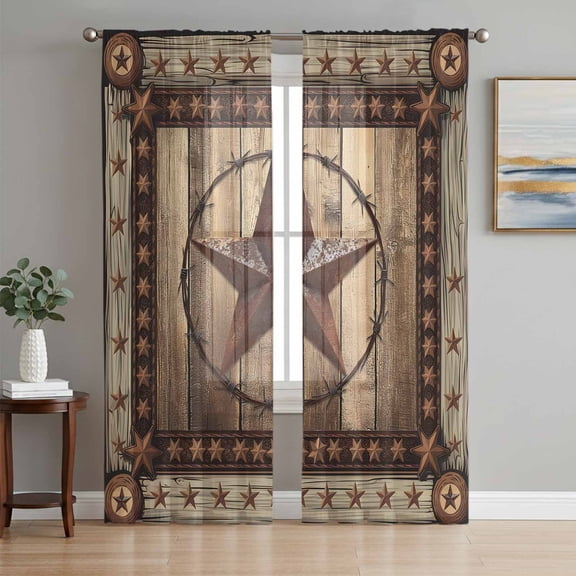 Western Farmhouse Sheer Curtains 63 Inch Length 2 Panels Set, Primitive Rustic Country Retro Texas Star Voile Window Treatment Curtains Sheers Drapes for Bedroom/Living Room/Kitchen 52x"63"x2