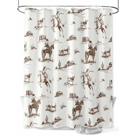 Western Farmhouse Shower Curtain, Cowboy Horse Desert Bathroom Decor Curtains Set with Hooks, Brown White Waterproof Fabric Home Accessories, Stall 54 X 78 Inch