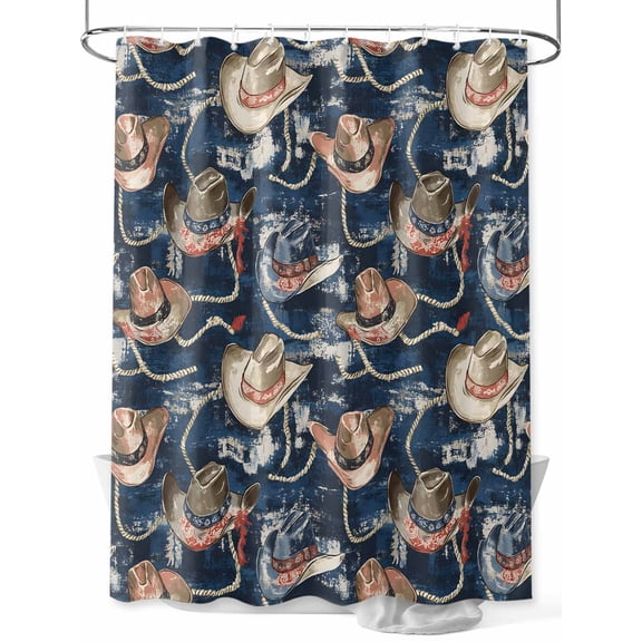 Western Farmhouse Shower Curtain, Vintage Cowboy Hat Bathroom Decor Curtains Set with Hooks, Bule Waterproof Fabric Home Accessories， Stall 36 X 72 Inch