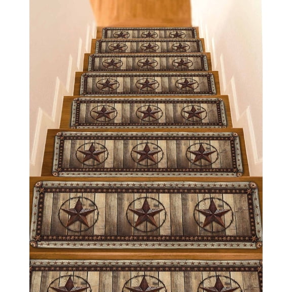 Western Farmhouse Stair Treads for Wooden Steps Indoor Runner Rug Carpet,Primitive Rustic Country Retro Texas Star 10 Pieces Peel and Stick Staircase Step Treads Covers Throw Door Mats,30"x8"