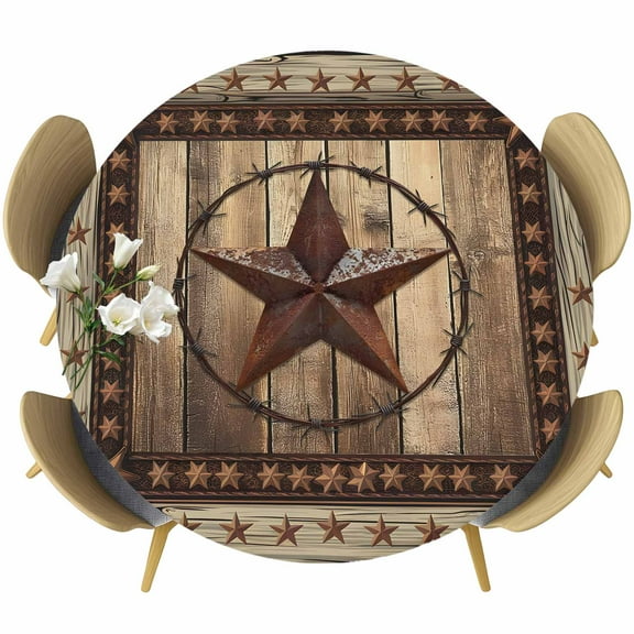 Western Farmhouse Table Cloth, Round Fitted Tablecloths with Elastic Edge, Primitive Rustic Country Retro Texas Star Wipeable Waterproof Table Cover for Kitchen Wedding 36-44 Inches