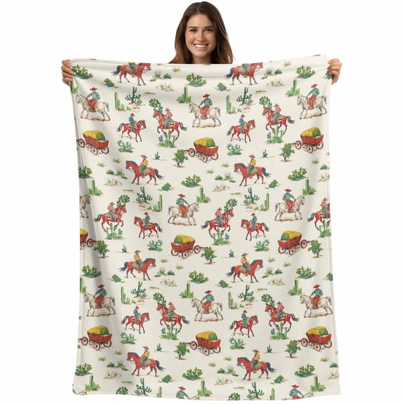 Western Farmhouse Throw Blankets, Cactus Cowboy Horse Soft Fleece Blanket Decorative for Home Sofa Couch Chair Living Bedroom, 30x40 Inches, Brown Yellow Green