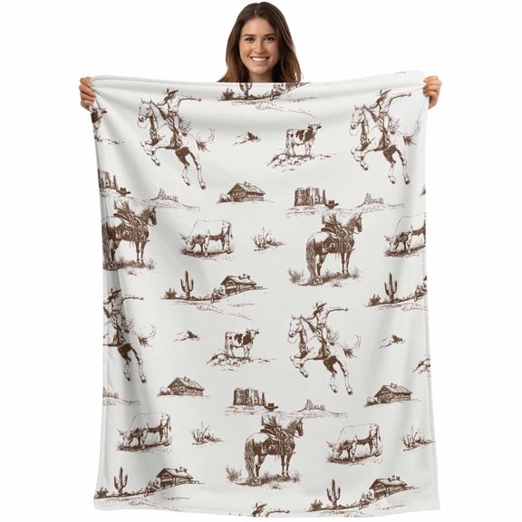 Western Farmhouse Throw Blankets, Cowboy Horse Desert Soft Fleece Blanket Decorative for Home Sofa Couch Chair Living Bedroom, 30x40 Inches, Brown White