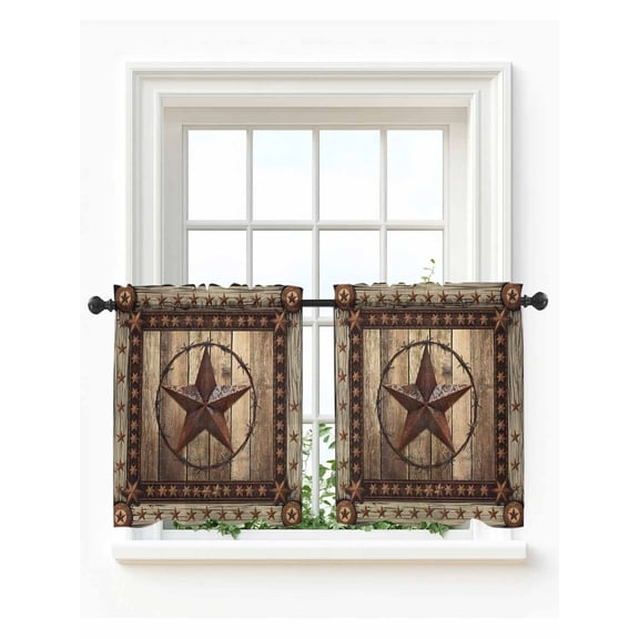 Western Farmhouse Tier Curtains 24 Inch Length,Sheer Curtains for Bedroom Living Room Window Primitive Rustic Country Retro Texas Star Small Half Window Kitchen Curtains & Drapes 27.5"x24" 2 Panels