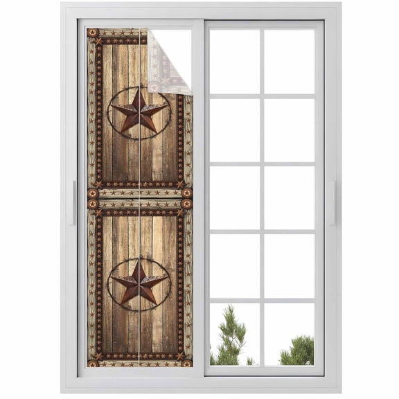Western Farmhouse Window Privacy Film, Primitive Rustic Country Retro Texas Star Static Cling UV Sun Blocking Heat Control Window Tint, Non-Adhesive One Way Windows Privacy Cover 17.7''x78.7''