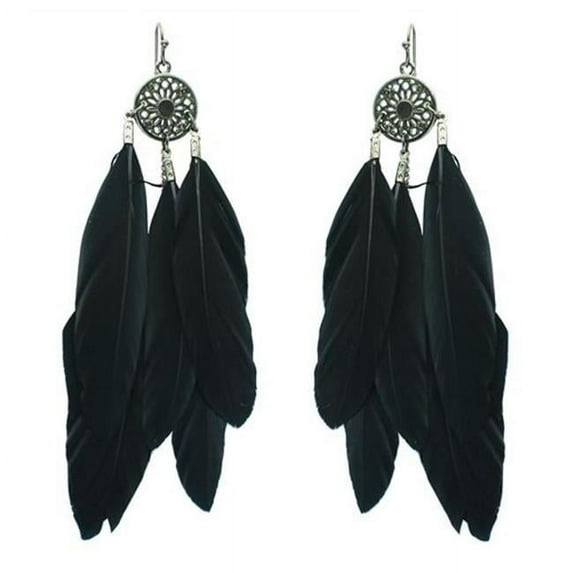 Western Fashion 22352 Earring with Feathers, Burnished Silver & Black