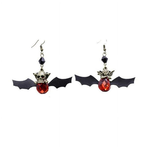 Western Fashion 55300 Bat Earrings with Skull & Red Stones, Black