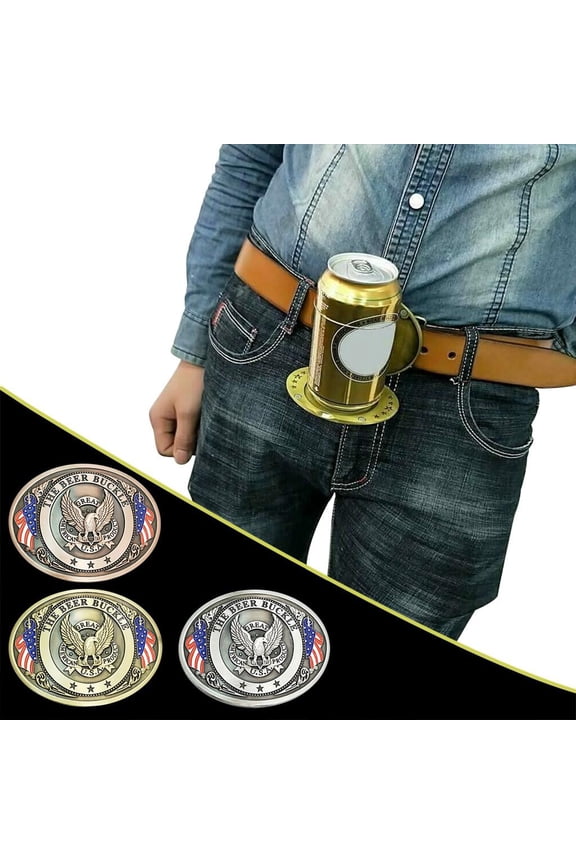 Western Fashion Buckle, Beer Holder Belt Buckle, Patriotic Belt Buckle, American Flag Belt Buckle, Antique Silver Toned Finish Doubles As A Novelty Beverage Holder for Backyard