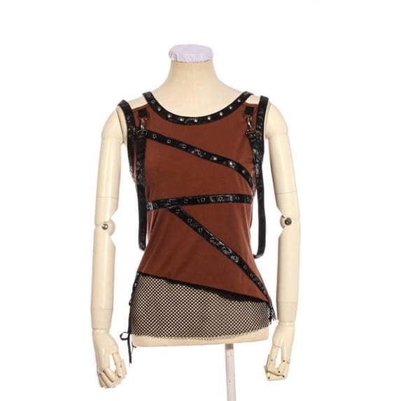 Western Fashion SP202-M Steampunk Corset Vest with Fishnet Hem, Brown - Medium