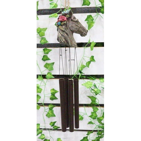 Western Faux Stone Horse Bust With Colorful Flowers Wind Chime Garden Patio
