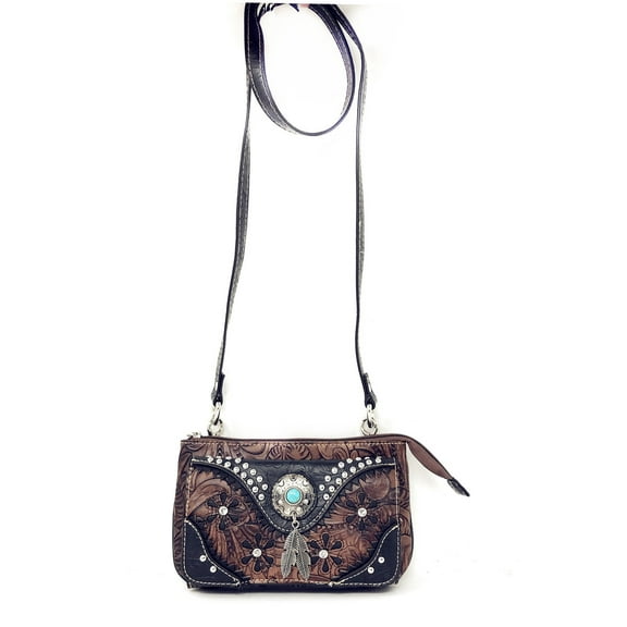 Western Feather Country Rhinestone Concho Laser Cut Wallet Cross Body Clutch Bag Purse