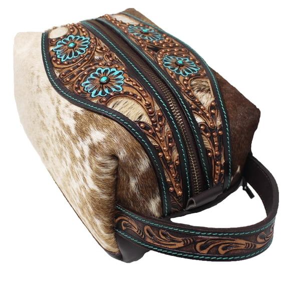 Western Filigree Floral Hand-Tooled Genuine Leather Cowhide Travel Toiletry Dopp Kit Bag 18FKT09