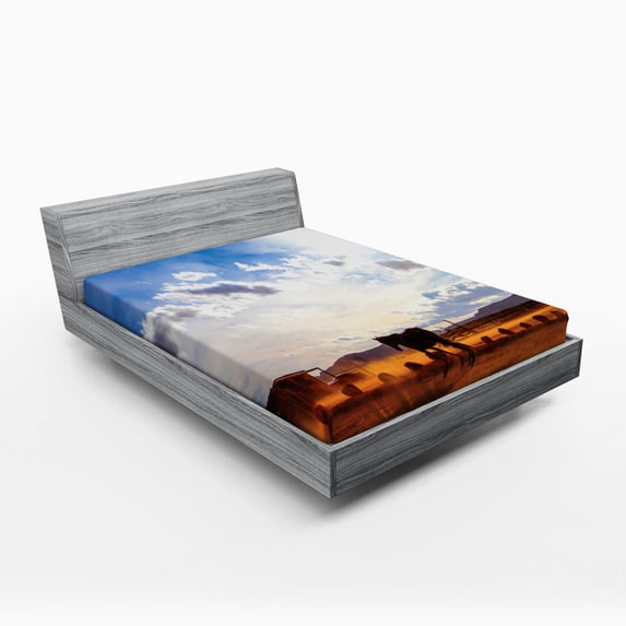 Ambesonne Western Fitted Sheet, Horse Valley Sky View, Queen Size, Cream Blue