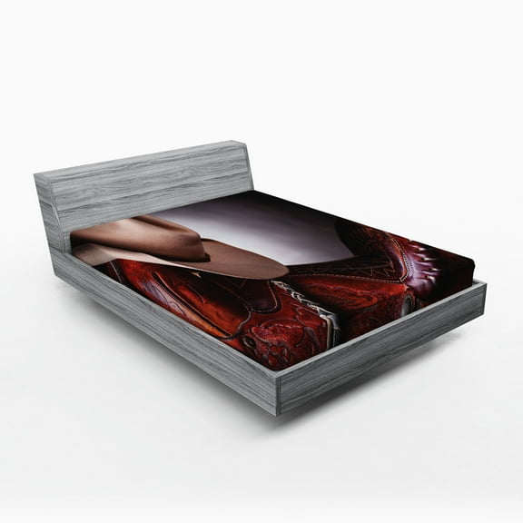 Western Fitted Sheet, Horse Saddle with a Cowboy Hat Wild Texas Fashion States Men Whip It Photography, Soft Decorative Fabric Bedding, Full Size, Brown Cream, by Ambesonne