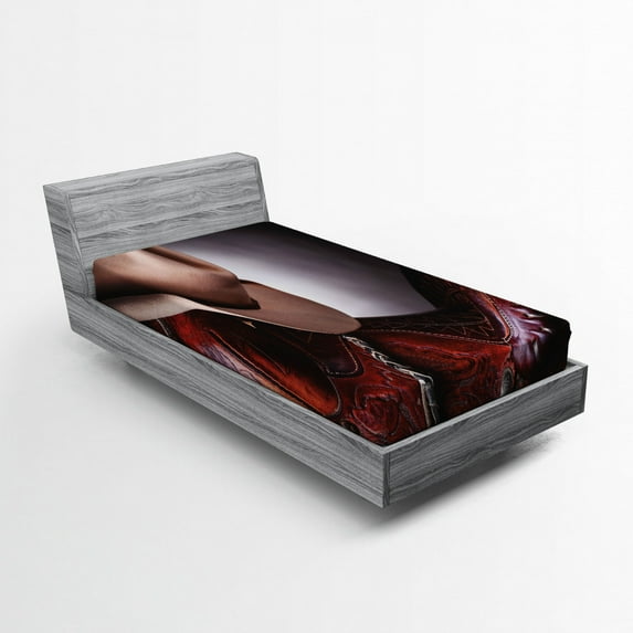 Western Fitted Sheet, Horse Saddle with a Cowboy Hat Wild Texas Fashion States Men Whip It Photography, Soft Decorative Fabric Bedding, Twin Size, Brown Cream, by Ambesonne