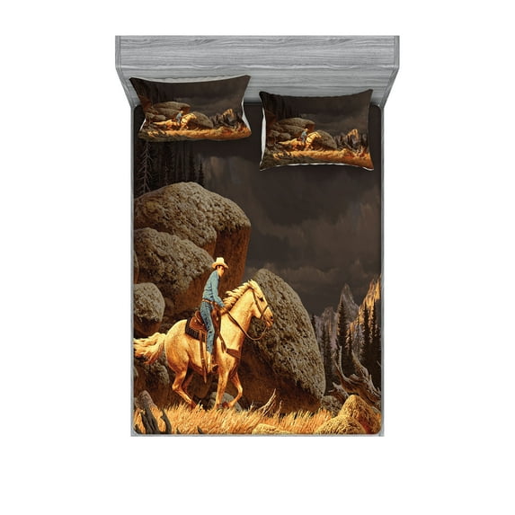 Western Fitted Sheet & Pillow Sham Set, Rock Mountain Landscape Cowboy Riding Horse NorthmericStyle, Decorative Printed 6 Piece Bedding Decor Set, Queen, Earth Yellow Grey, by Ambesonne
