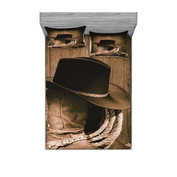Western Fitted Sheet & Pillow Sham Set, Wild West Themed Cowboy Hat and Old Ranching on Wooden Display Rodeo Cowboy Style, Decorative Printed 6 Piece Bedding Decor Set, Full, Brown, by Ambesonne