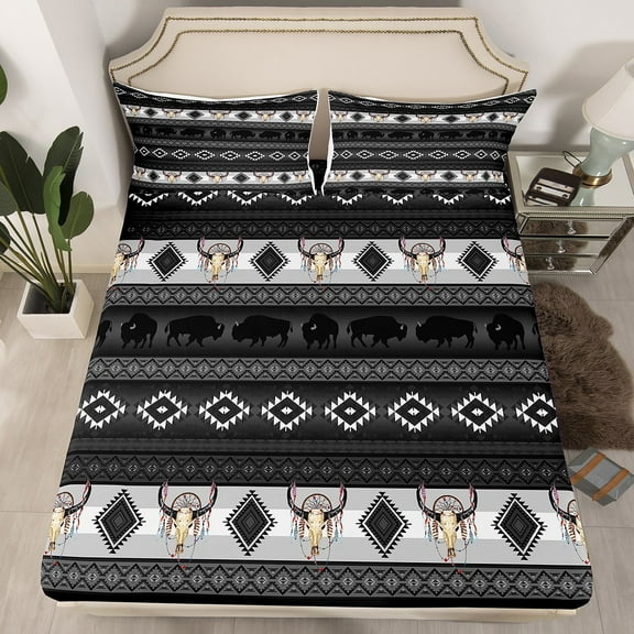 Western Fitted Sheet Full,Longhorn Skull Southwestern Bed Sheets Aztec Bedding Set Highland Cow Farm Animals Sheets,Boho Indian Geometry Triangle Diamond Western Decor,Black