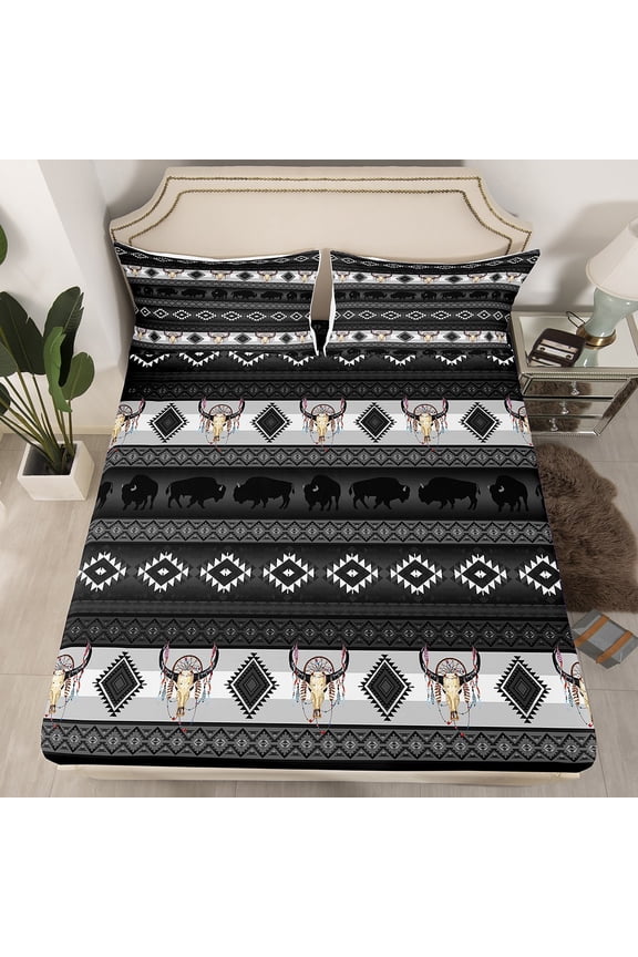 Western Fitted Sheet Full,Longhorn Skull Southwestern Bed Sheets Aztec Bedding Set Highland Cow Farm Animals Sheets,Boho Indian Geometry Triangle Diamond Western Decor,Black