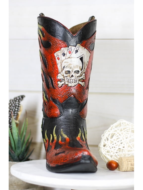 Western Flames Crossbones Skull Poker Cards Cowboy Boot Vase Planter Figurine