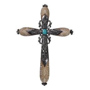 Western Fleur De Lis Floral Tooled Silver Scroll Filigree Turquoise Wall Cross