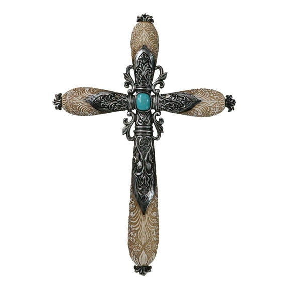 Western Fleur De Lis Floral Tooled Silver Scroll Filigree Turquoise Wall Cross