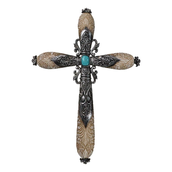 Western Fleur De Lis Floral Tooled Silver Scroll Filigree Turquoise Wall Cross