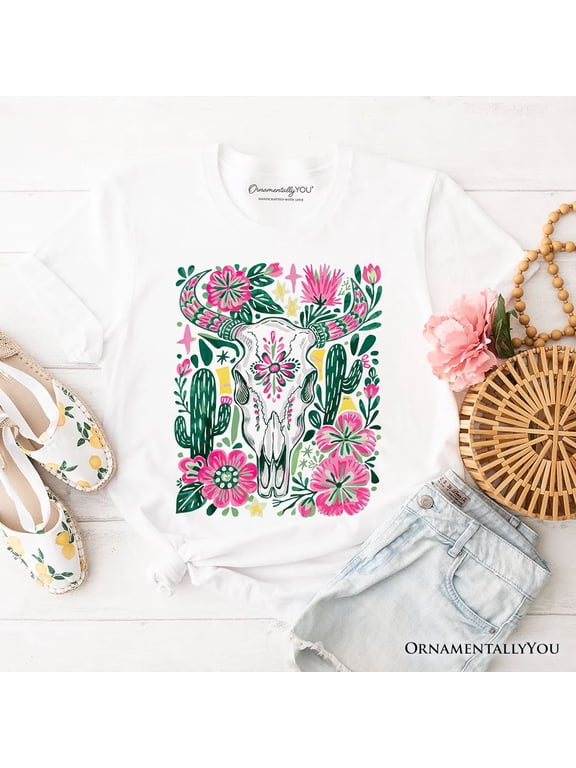 Western Floral Cow Skull T-Shirt, Boho Cowgirl Wildflower Cactus Tee