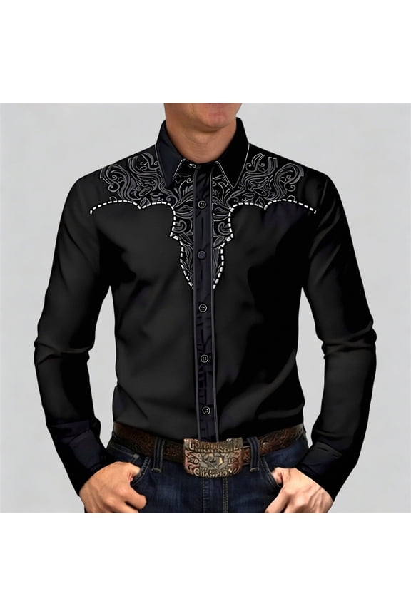 Western Floral Embroidered Shirt Mens Long Sleeve Button Down Cowboy Shirt Turn Down Collar Casual Top Slim Spring Fall Black S