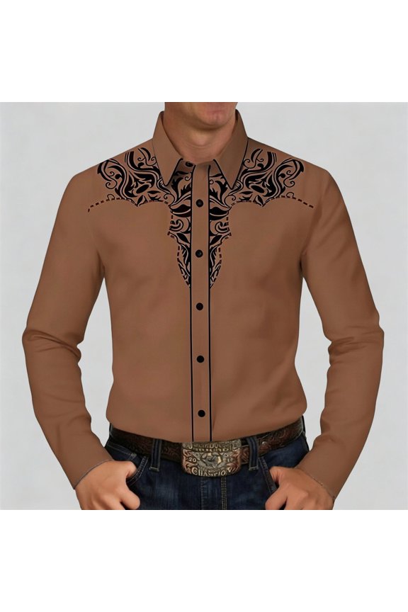 Western Floral Embroidered Shirt Mens Long Sleeve Button Down Cowboy Shirt Turn Down Collar Casual Top Slim Spring Fall Gold S