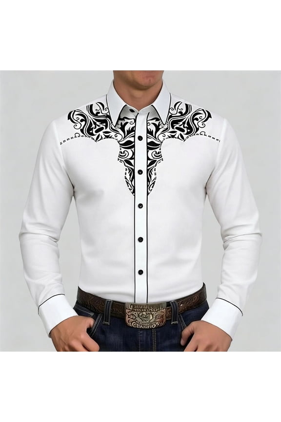 Western Floral Embroidered Shirt Mens Long Sleeve Button Down Cowboy Shirt Turn Down Collar Casual Top Slim Spring Fall White M