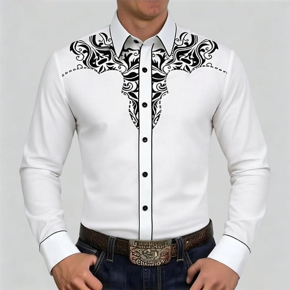 Western Floral Embroidered Shirt Mens Long Sleeve Button Down Cowboy Shirt Turn Down Collar Casual Top Slim Spring Fall White M