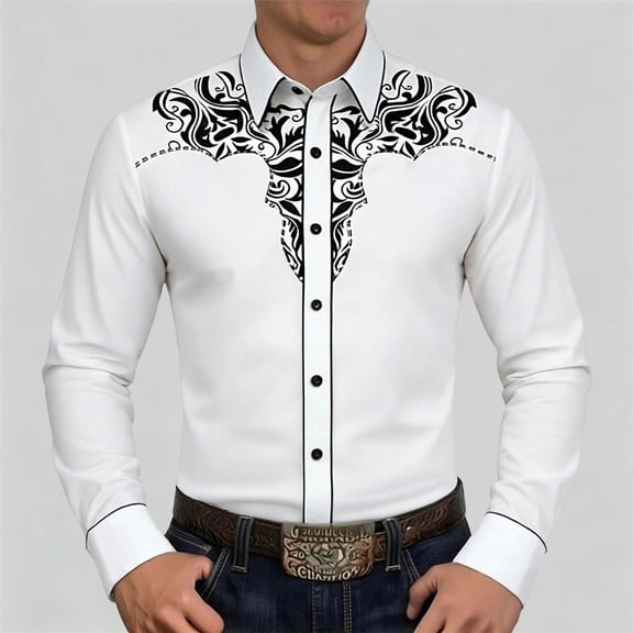 Western Floral Embroidered Shirt Mens Long Sleeve Button Down Cowboy Shirt Turn Down Collar Casual Top Slim Spring Fall White M
