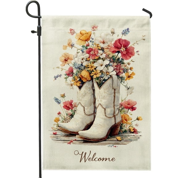 Western Floral Garden Flag Double Sided White Cowboy Boots With Colorful Blooms 12x18 Inch
