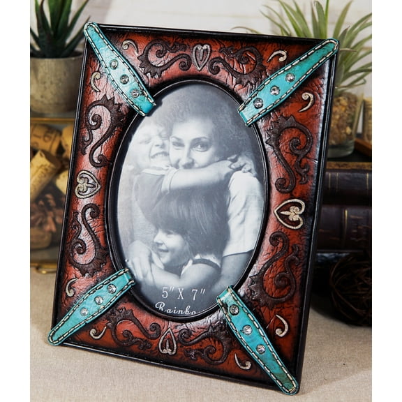 Western Floral Lace Turquoise Belt Faux Tooled Leather Easel Picture Frame 5"X7"