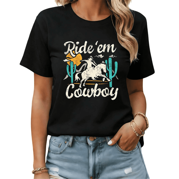 Western Floral Rodeo Womens Print Tshirt Graphic Tees Black/White S-5XL Tops