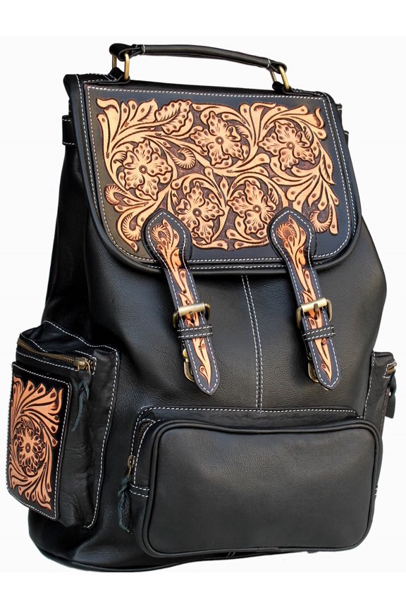 Western Floral Tooled Black Pebbled Leather Backpack Shoulder Book Bag 18RTB03BK
