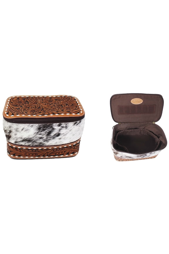 Western Floral Tooled Buckstitch Leather Cowhide Travel Toiletry Dopp Kit Train Bag 18FKT19