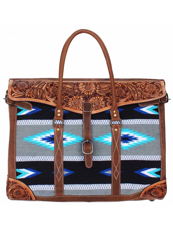 Western Floral Tooled Leather Handwoven Wool Travel Weekender Duffle Bag 103FK04