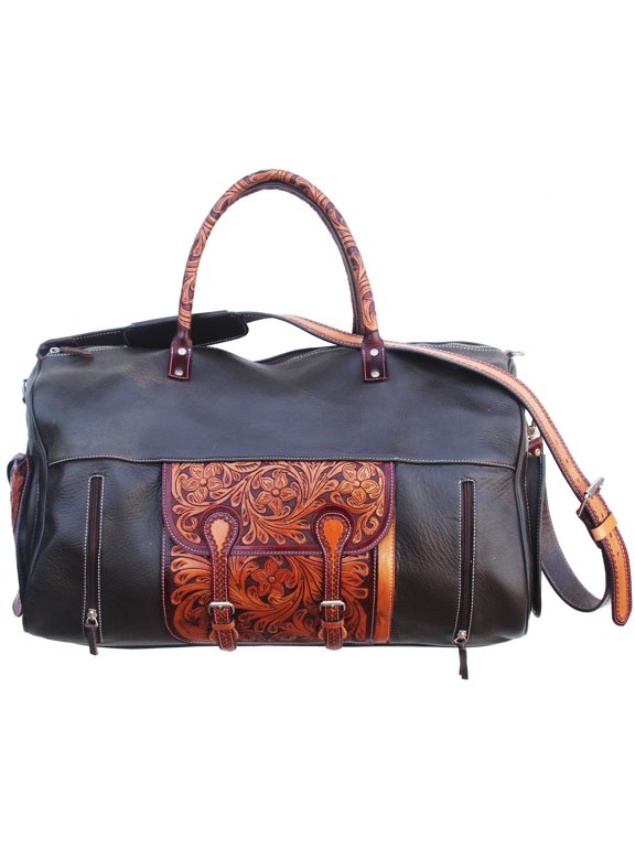 Western Floral Tooled Pebbled Black Leather Travel Weekender Duffle Bag 18FK03-S