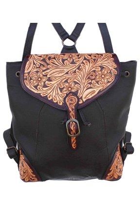 Western Floral Tooled Smooth Genuine Leather Hikers Backpack Shoulder Bag 27FK84