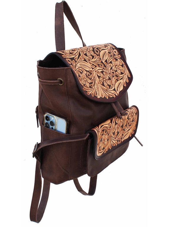 Western Floral Tooled Smooth Genuine Leather Hikers Backpack Shoulder Bag 27FK85