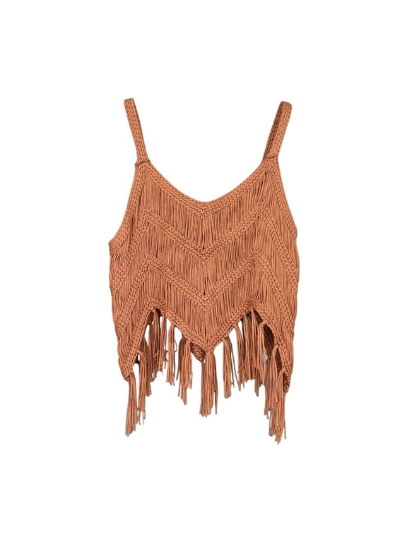 Western Fringe Crochet Tank - Boho Knitted Crop Top with Tassel Details, Summer Music Festival Vest | Yubnlvae (Brown | S)
