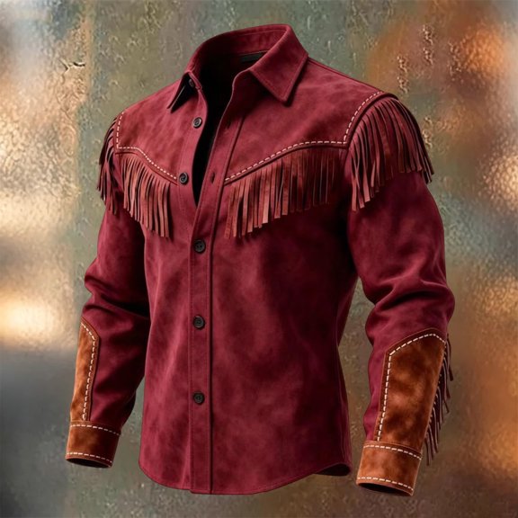 Western Fringe Suede Jacket for men with Retro Texture and Collar Design, Stylish Fringe Suede Jacket for Fall Days Rodeo Events Country Concerts Ranch Work Weekend Outings Vintage Wine XXXL