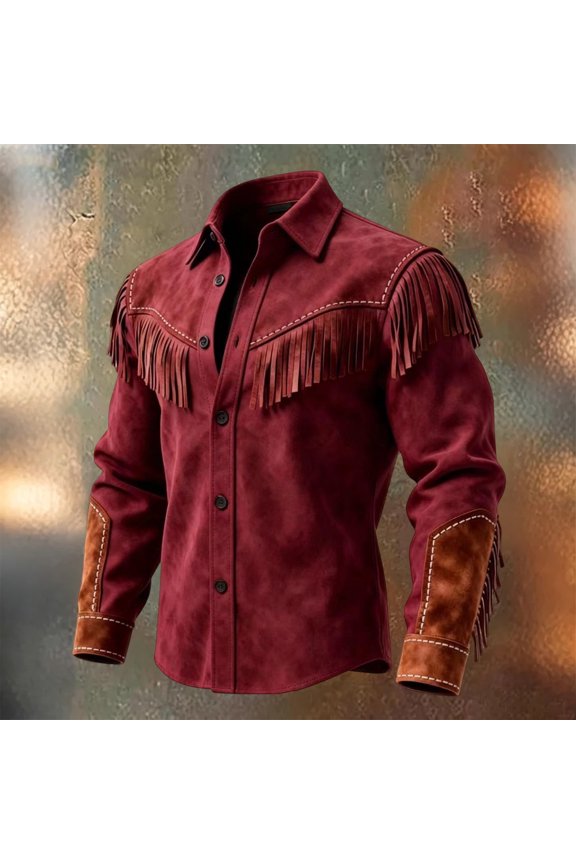 Western Fringe Suede Jacket for men with Retro Texture and Collar Design, Stylish Fringe Suede Jacket for Fall Days Rodeo Events Country Concerts Ranch Work Weekend Outings Vintage Wine XXXL